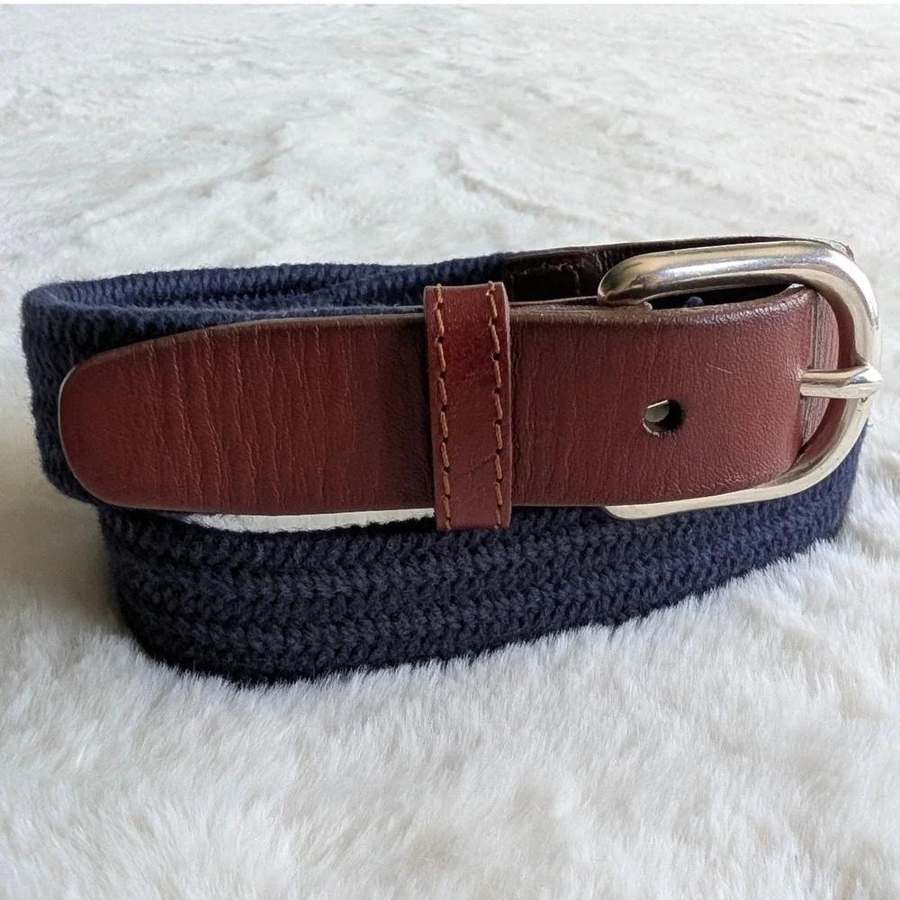 Crewcuts Boys Navy Blue Woven Belt Brown Leather Trim Silver Buckle Medium